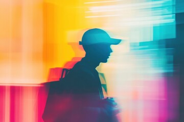 Poster - Delivery worker silhouette in vibrant abstract background with neon tones and depth effects during a busy city night Generative AI