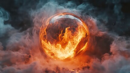 Wall Mural - fiery sphere glows with intense heat in smoky atmosphere. abstract illustration of fireball with int