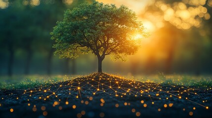 Poster - Majestic Tree Golden Sunset Nature Scene Digital Art Vibrant Green Foliage Lush Foliage Tranquil Peaceful Serene Environment Background Image Eco     
