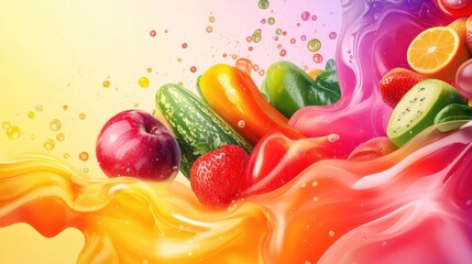 Aufkleber - Dynamic flow of fresh groceries with vibrant colors and smooth gradients creating an abstract visual experience Generative AI