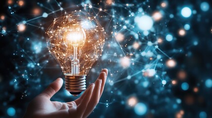 Aufkleber - A glowing light bulb held in a hand, symbolizing innovation amidst a vibrant, digital network background