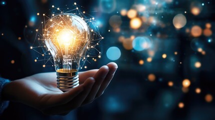 Aufkleber - A person holding a glowing light bulb symbolizing innovation and ideas amidst a blurred, vibrant background