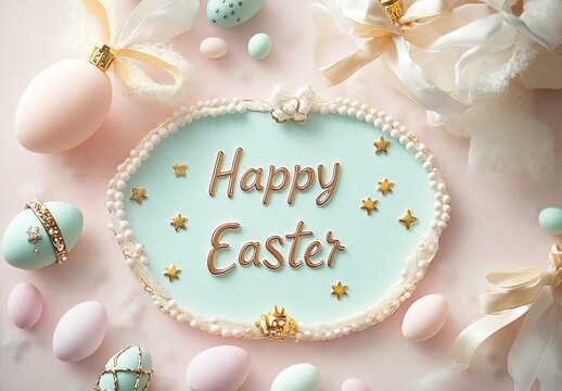 An Easter greeting card with eggs is complemented by a Happy Easter printable banner, Easter convention poster, Easter backdrop featuring colorful eggs, bunny ears, and cute Happy Easter calligraphy