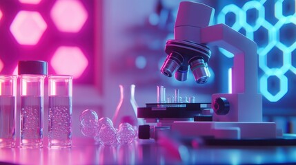 Poster - A beautifully lit microscope positioned next to vials of experimental chemical compounds.
