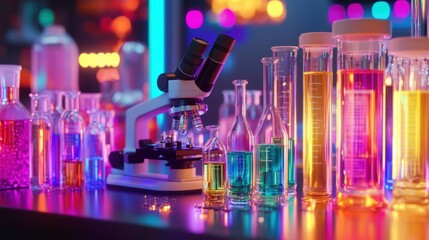 Poster - A beautifully lit microscope positioned next to vials of experimental chemical compounds.