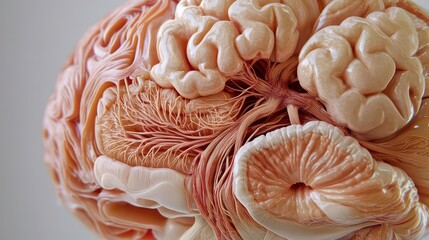 Poster - 3D rendered human brain highlights neural connections. Detailed brain anatomy, structures visualized. Advanced technology. Medical illustration shows complex interactions. Digital visualization of
