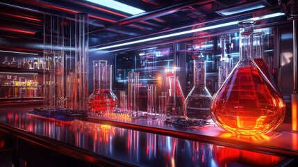 Poster - A modern research facility with test tubes, chemical flasks, and digital holographic overlays.