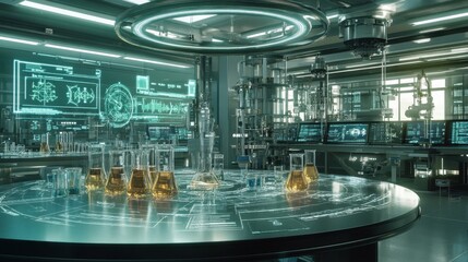 Poster - A modern research facility with test tubes, chemical flasks, and digital holographic overlays.