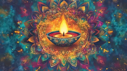 Canvas Print - diwali celebration image shows vibrant design template with decorative lamp, golden lights on colorf