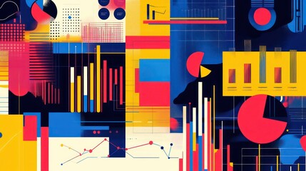 Poster - Colorful graphic design illustration shows various business graphs, charts. Data visualization elements include bar graphs pie charts, line graphs. Modern design style with bold colors represents