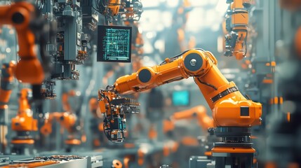 Poster - Smart industry robots automate manufacturing process in digital factory. IOT software manages operations. Orange robot arms work on production line. Modern tech, automation revolutionize