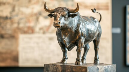 Poster - Aggressive bull stock market investment. Bull statue stands in front of financial charts showing market growth. Investment concept. Trading opportunities highlighted in aggressive bull market.
