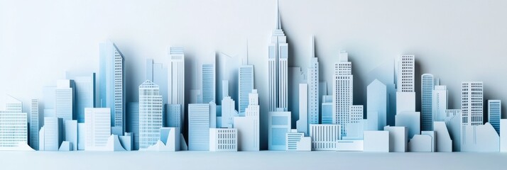 Poster - Stunning layered cut paper city skyline with soft lighting depicting modern urban buildings from an innovative perspective Generative AI