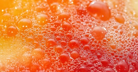 Poster - Close-up of Colorful Bubbles in Carbonated Liquid Creating an Artistic Abstract Background with Vibrant Orange and Red Shades