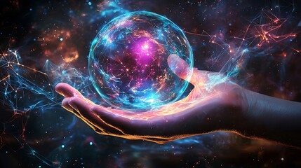 Poster - Cosmic sphere held in a hand, glowing with ethereal energy