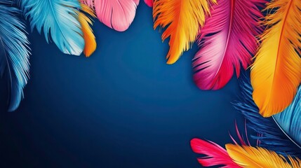 Poster - Colorful feathers in vibrant carnival colors orange blue, pink decorate dark blue background. Festive, vibrant design. Template for carnival poster invitation. Banner template good for marketing