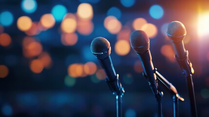 Poster - Political podium with multiple microphones in a spotlight, audience blurred, showcasing a powerful atmosphere during a significant event Generative AI