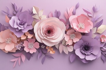 Poster - Beautiful floral paper art composition with delicate layered flowers in soft pink and purple tones showcasing intricate cutout details