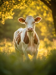 Poster - Joyful dairy cow enjoys a sunny afternoon stroll in a lush meadow surrounded by golden light and vibrant greenery Generative AI
