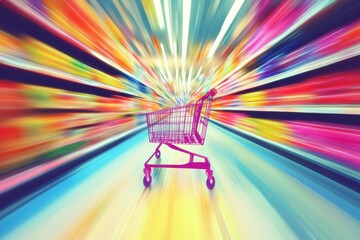 Poster - Grocery cart races through a vibrant supermarket aisle in a dynamic, colorful illustration capturing high energy and excitement Generative AI