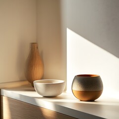Poster - Minimalist ceramic bowls and vase in natural light