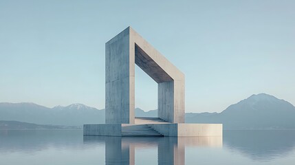 Poster - Minimalist concrete architectural structure on a tranquil lake