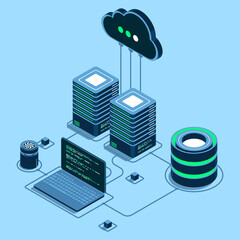 Poster - Cloud technology computing concept. Modern cloud technology. Data center isometric concept. Isometric cloud technology with data center. Web hosting concept. Isometric technology