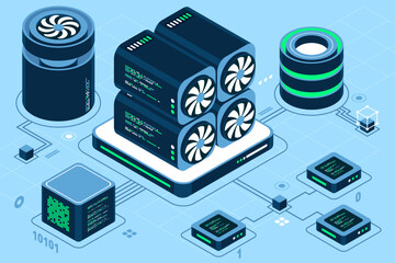 Poster - Isometric blockchain concept. Isometric cryptocurrency. Platform creation of digital currency. Big data technology in isometric. Isometric technology
