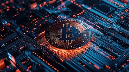 Poster - Detailed bitcoin concept on digital circuit board