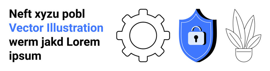 Gear, shield with lock, and potted plant emphasize cybersecurity, innovation, and sustainable growth. Ideal for technology, business, data security, development teamwork productivity software