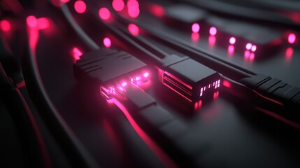 Poster - Close-up view of illuminated cables and connectors showcasing vibrant pink lights against a dark background