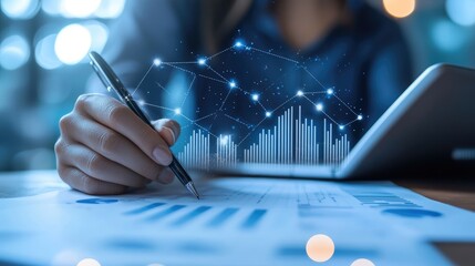 Poster - Business professional analyzing financial data on a tablet with digital graphs in a modern office setting