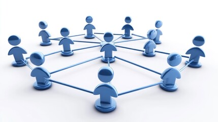 Poster - Blue 3D figures connected by lines represent social networking and collaboration in a digital environment