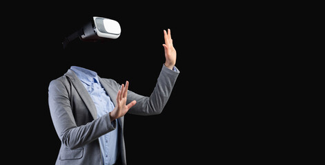 Poster - A person engages with a virtual reality gadget, wearing a modern headset. Their body language suggests interaction with an immersive environment, highlighting the technology's capabilities.