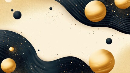 Poster - Abstract cosmic background featuring golden and black planets with flowing waves and a starry texture