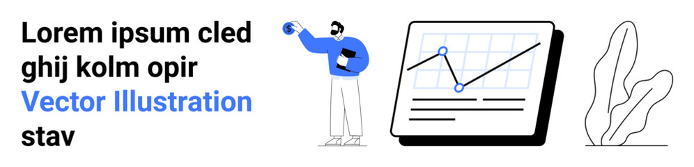 Modern man explaining analytics, analyzing graph on large screen abstract plant element adds visual balance. Ideal for statistics, presentations, marketing, dashboards, and simple landing page