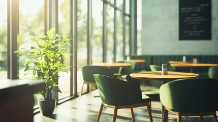 Poster - Cozy café interior with green chairs and a potted plant, sunlight streaming through large windows