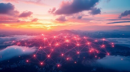 Poster - global network connection: a stunning sunset cityscape with digital interconnections