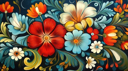Poster - Vibrant floral design featuring red, blue, and yellow flowers against a dark background, ideal for decorative use