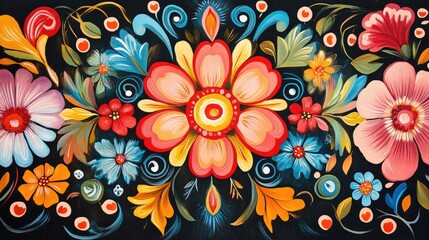 Poster - Vibrant floral mural featuring a variety of colorful flowers and intricate designs on a dark background