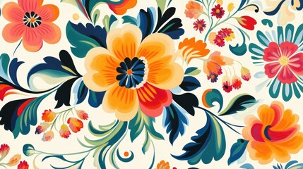 Poster - Vibrant floral pattern featuring colorful flowers and leaves on a light background, ideal for textile design