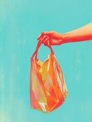 Aufkleber - Hand extends a bright grocery bag towards the viewer in a smooth digital illustration with soft colors and artistic flair Generative AI