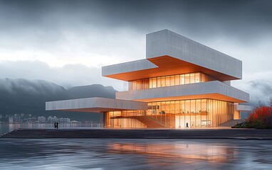 Poster - Modern architectural building by the water, lit by warm light