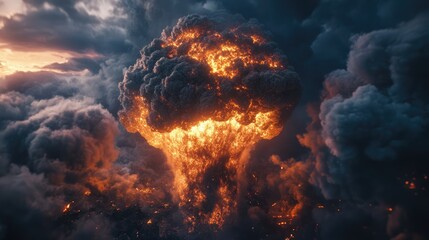 Poster - Dramatic explosion in a cityscape at sunset, with fiery clouds and smoke engulfing the skyline