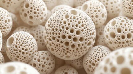Poster - Close-up view of intricately patterned, porous spheres resembling coral structures in a soft, neutral setting