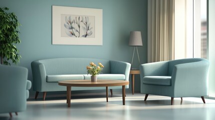 Poster - Cozy living room with blue furniture, a flower vase on a wooden table, and natural light streaming through large windows