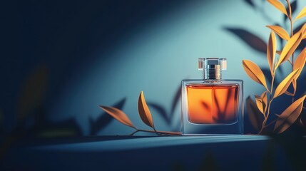 Poster - Elegant perfume bottle surrounded by soft shadows and leaves, creating a serene atmosphere for relaxation