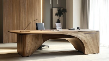 Poster - Modern wooden desk in a stylish office setting with natural light and minimalistic decor in the background