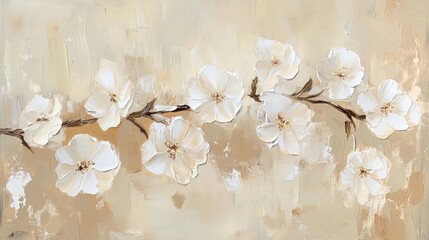 Poster - Elegant white flowers blooming on a textured beige background, creating a serene and peaceful atmosphere