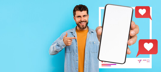 Aufkleber - An influencer is holding a smartphone with a blank screen, smiling and pointing at it. The background is light blue, and there are social media icons nearby, emphasizing online communication.